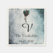 Steampunk Blauwgroen hart Monogram bruiloft servet (Voorkant)