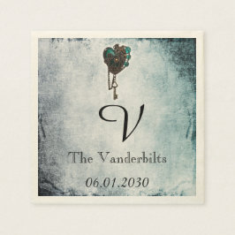 Steampunk Blauwgroen hart Monogram bruiloft servet