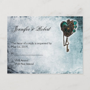 Steampunk Blauwgroen Hart RSVP Briefkaart