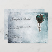 Steampunk Blauwgroen Hart RSVP Briefkaart (Voorkant / Achterkant)