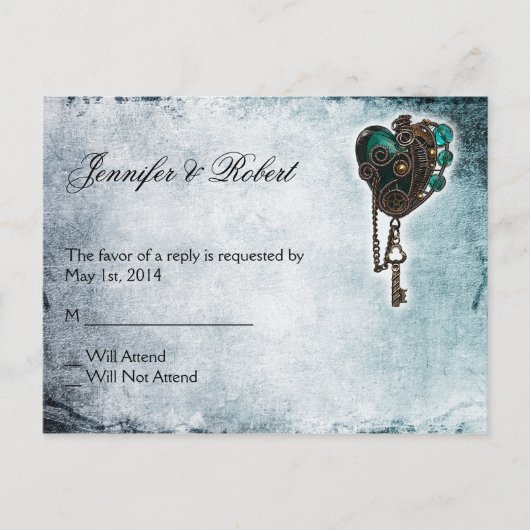 Steampunk Blauwgroen Hart RSVP Briefkaart (Voorkant)