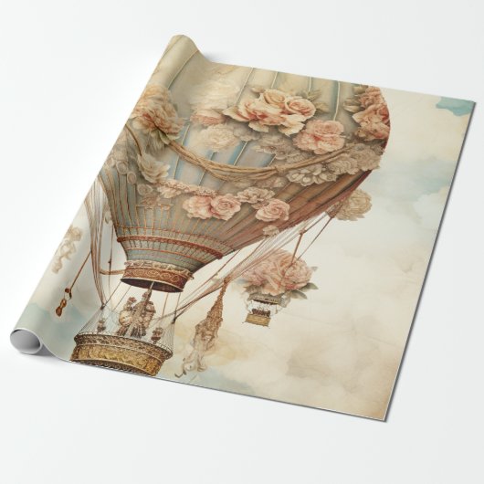  Steampunk Bloemen Blauwe Hete Luchtballon (2) Cadeaupapier (Uitgerold)
