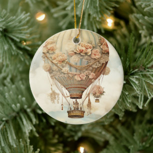  Steampunk Bloemen Blauwe Hete Luchtballon (2) Keramisch Ornament