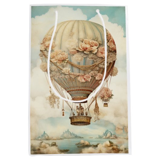  Steampunk Bloemen Blauwe Hete Luchtballon (2) Medium Cadeauzakje (Voorkant)