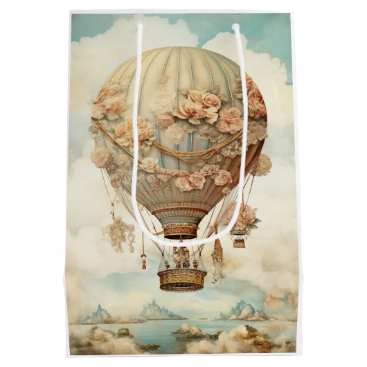  Steampunk Bloemen Blauwe Hete Luchtballon (2) Medium Cadeauzakje (Achterkant)