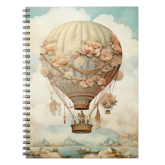  Steampunk Bloemen Blauwe Hete Luchtballon (2) Notitieboek (Voorkant)