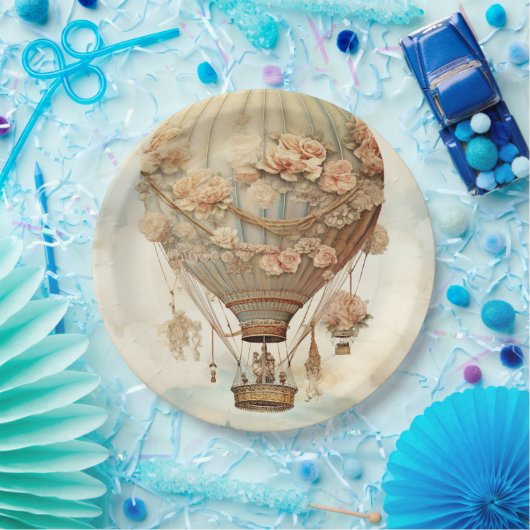  Steampunk Bloemen Blauwe Hete Luchtballon (2) Papieren Bordje (Feest)