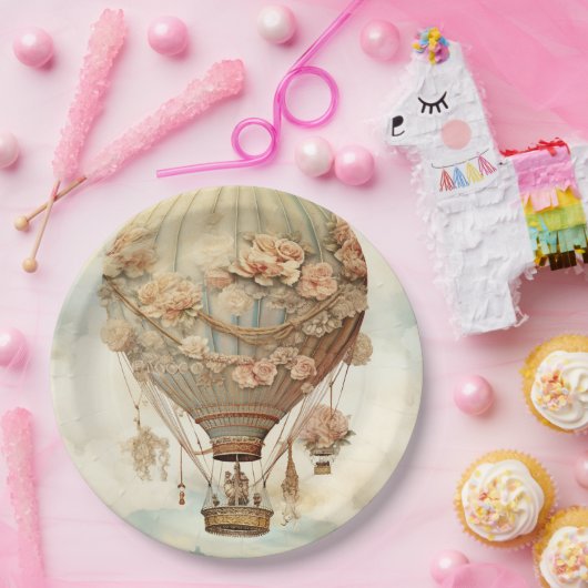 Steampunk Bloemen Blauwe Hete Luchtballon (2) Papieren Bordje (Feest)