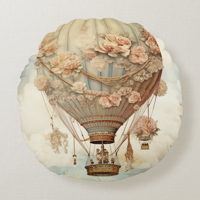  Steampunk Bloemen Blauwe Hete Luchtballon (2) Rond Kussen (Voorkant)