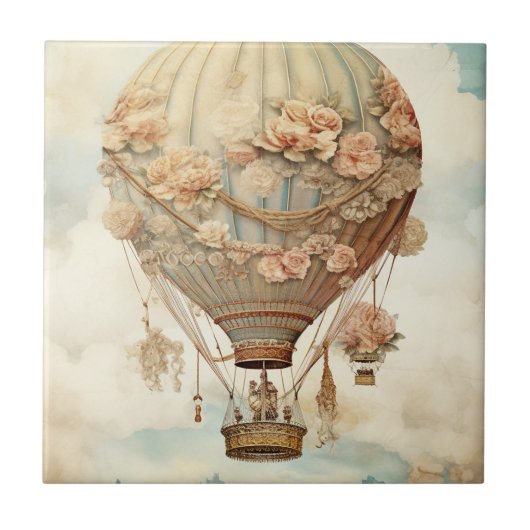 Steampunk Bloemen Blauwe Hete Luchtballon (2) Tegeltje (Voorkant)