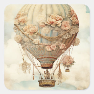  Steampunk Bloemen Blauwe Hete Luchtballon (2) Vierkante Sticker