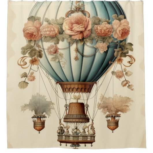  Steampunk Bloemen Blauwe Hete Luchtballon Douchegordijn (Voorkant)