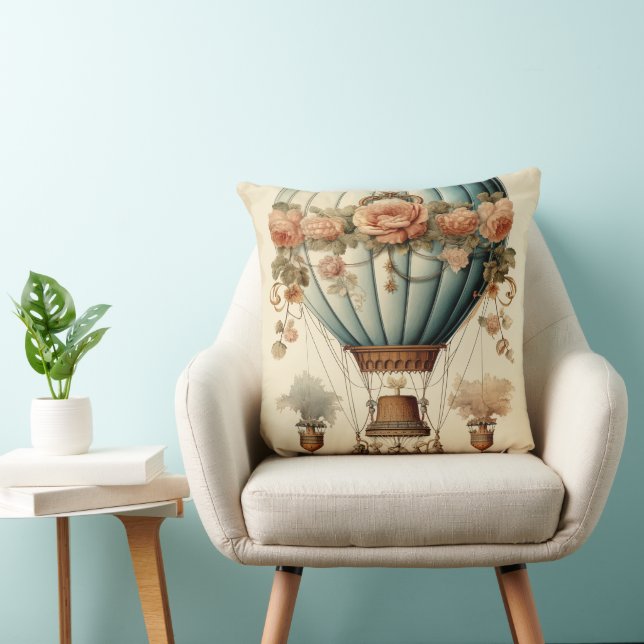  Steampunk Bloemen Blauwe Hete Luchtballon Kussen (Stoel)