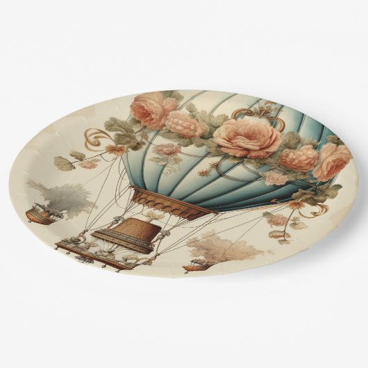  Steampunk Bloemen Blauwe Hete Luchtballon Papieren Bordje (Gekanteld)