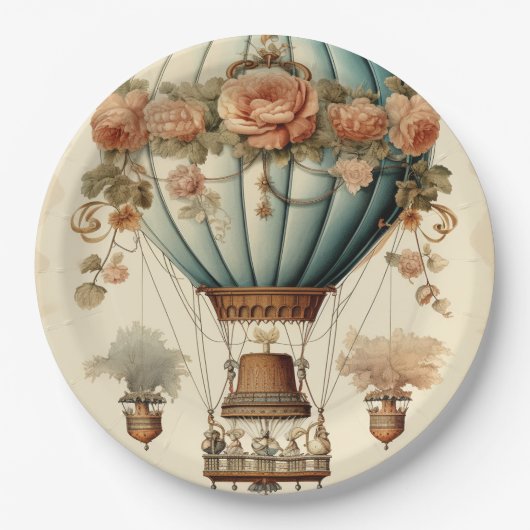  Steampunk Bloemen Blauwe Hete Luchtballon Papieren Bordje (Voorkant)