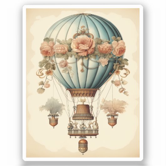  Steampunk Bloemen Blauwe Hete Luchtballon Sticker (Voorkant)