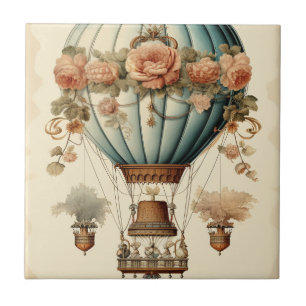 Steampunk Bloemen Blauwe Hete Luchtballon Tegeltje