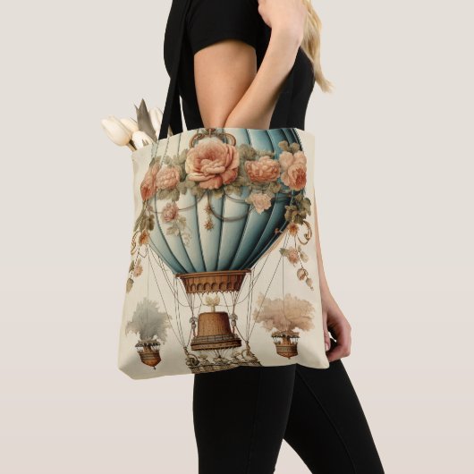  Steampunk Bloemen Blauwe Hete Luchtballon Tote Bag (Dichtbij)
