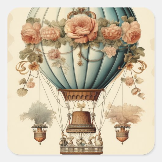  Steampunk Bloemen Blauwe Hete Luchtballon Vierkante Sticker (Voorkant)