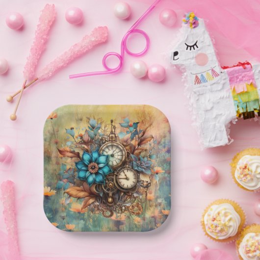 Steampunk Bloemen Decoratief Papieren Bordje (Feest)