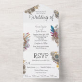 Steampunk, Bloemen en Veren Bruiloft All In One Uitnodiging (Binnen)