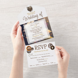 Steampunk, Bloemen en Veren Bruiloft All In One Uitnodiging