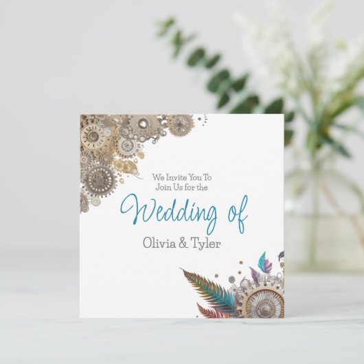 Steampunk, Bloemen en Veren Bruiloft Kaart (Staand voorkant)