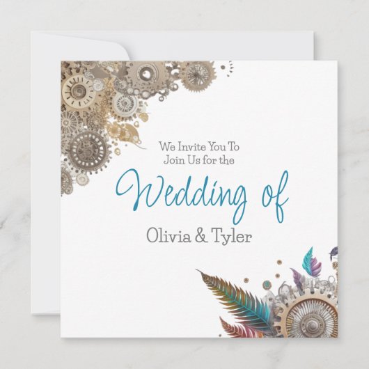 Steampunk, Bloemen en Veren Bruiloft Kaart (Voorkant)