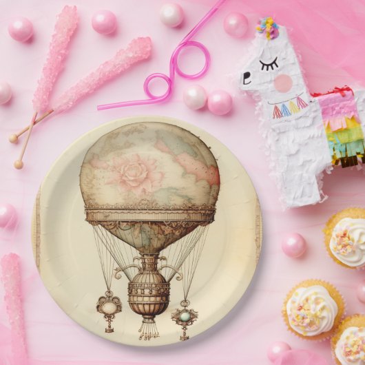  Steampunk Bloemen Hete Luchtballon Papieren Bordje (Feest)