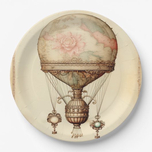 Steampunk Bloemen Hete Luchtballon Papieren Bordje (Voorkant)