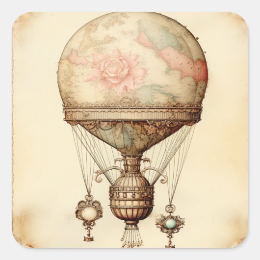 Steampunk Bloemen Hete Luchtballon Vierkante Sticker (Voorkant)