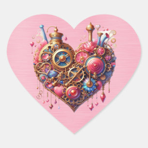 Steampunk Bloemen Roze en Gouden Hart Sticker