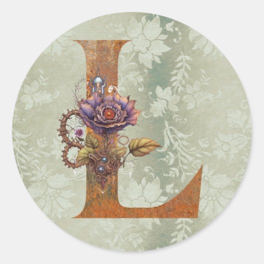  Steampunk Bloemenletter L Ronde Sticker (Voorkant)