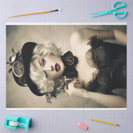 Steampunk Blondine Lady in Zwart Decoupage Tissuepapier (Craft)