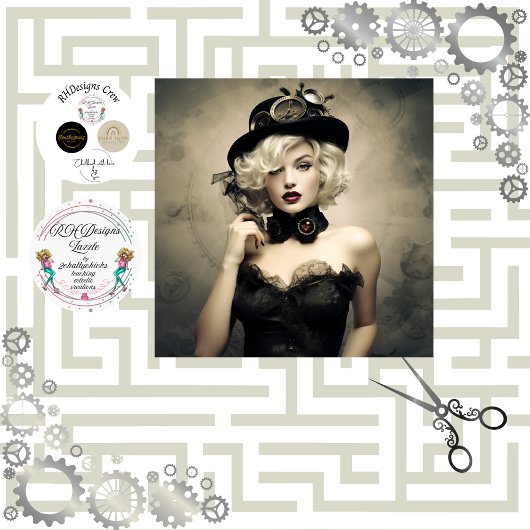 Steampunk Blondine Lady in Zwart Decoupage Tissuepapier