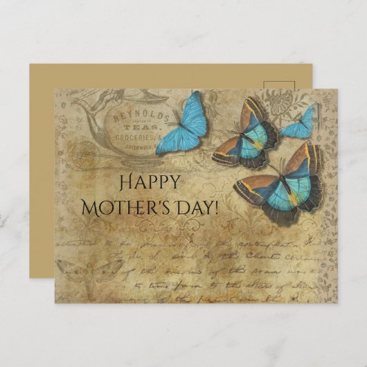 Steampunk Blue Butterflies op het perkament Briefkaart (Voorkant / Achterkant)