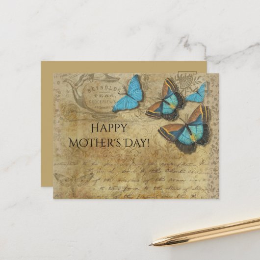 Steampunk Blue Butterflies op het perkament Briefkaart (Voorkant / Achterkant in situ)