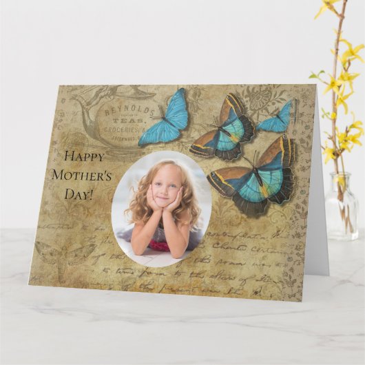  Steampunk Blue Butterflies op het perkament Kaart (Gele Bloem)