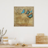  Steampunk Blue Butterflies op het perkament Poster (Keuken)