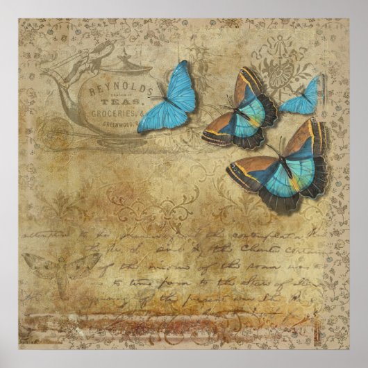  Steampunk Blue Butterflies op het perkament Poster (Voorkant)