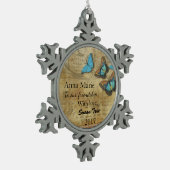  Steampunk Blue Butterflies op het perkament Tin Sneeuwvlok Ornament (Links)