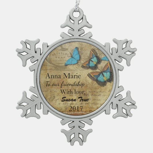  Steampunk Blue Butterflies op het perkament Tin Sneeuwvlok Ornament (Voorkant)