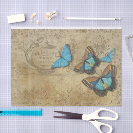 Steampunk Blue Butterflies op het perkament Tissuepapier (Craft)