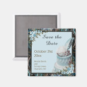 Steampunk Blue Floral Wedding Save the Date Magnet (Voorkant / Achterkant)