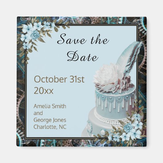 Steampunk Blue Floral Wedding Save the Date Magnet (Voorkant)