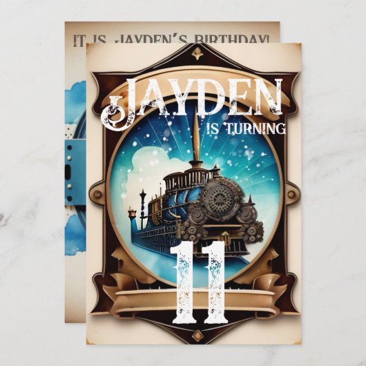 Steampunk Blue Gold verjaardagsfeestje uitnodiging (Voorkant / Achterkant)