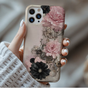  Steampunk Boho Roze & Zwarte Bloemen iPhone 16 Pro Max Hoesje