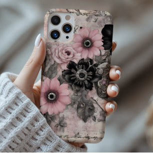  Steampunk Boho Roze & Zwarte Bloemen iPhone 16 Pro Max Hoesje