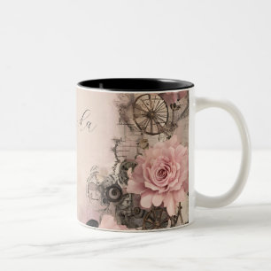 Steampunk Boho Roze & Zwarte Bloemen Tweekleurige Koffiemok