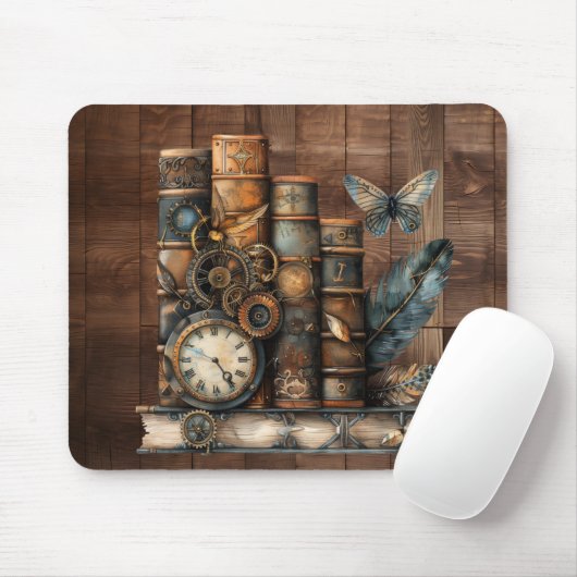 Steampunk Books Wood Background Mousepad Muismat (Met muis)